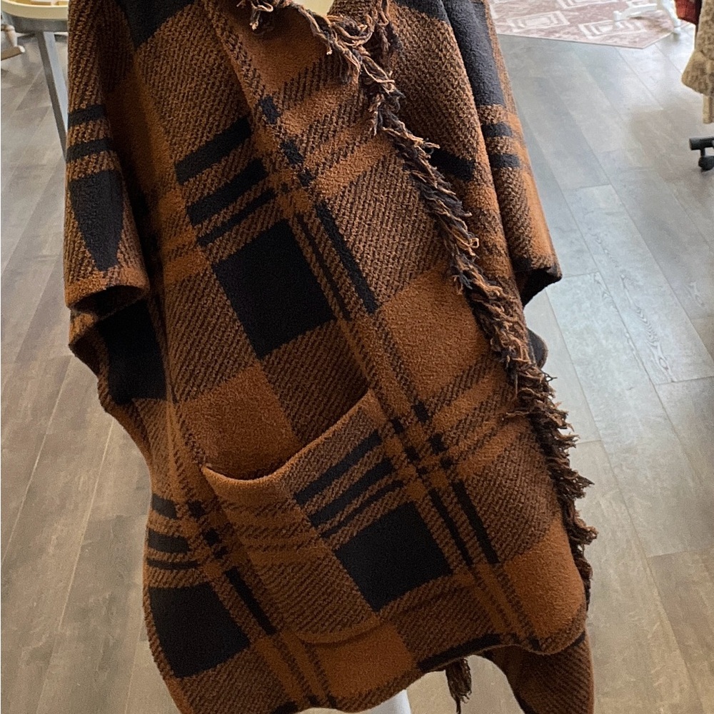 Barefoot Dreams Brown and Navy Plaid Poncho